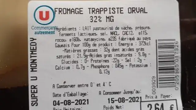 Fromage d'Orval nutrition facts table