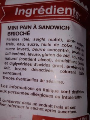 Mini pain sandwich brioche ingredients label