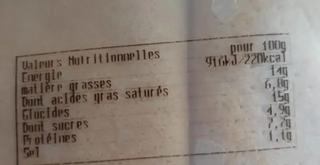 Crepe paysanne nutrition facts table