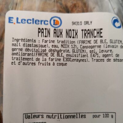 Pain aux noix tranche ingredients label