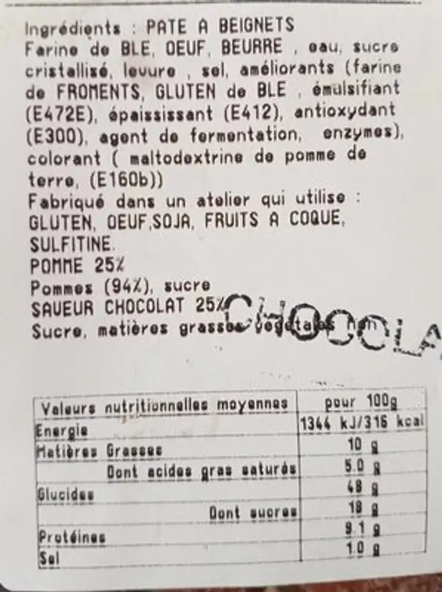 Beignets chocolat nutrition facts table