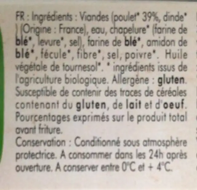 Nuggets de poulet bio nutrition facts table