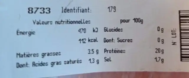 Jambon blanc nutrition facts table
