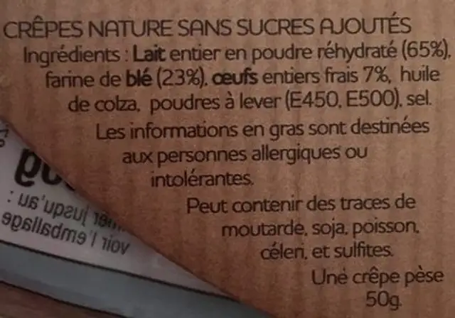 Crêpes nature ingredients label