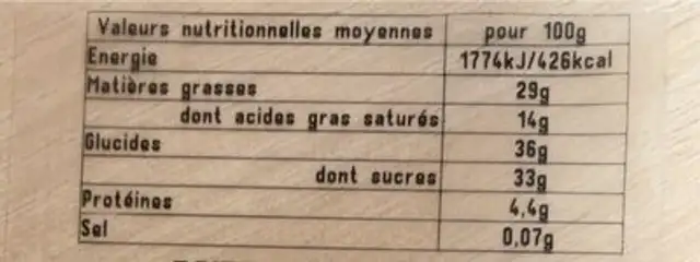Pâte à tartiner des écoliers nutrition facts table