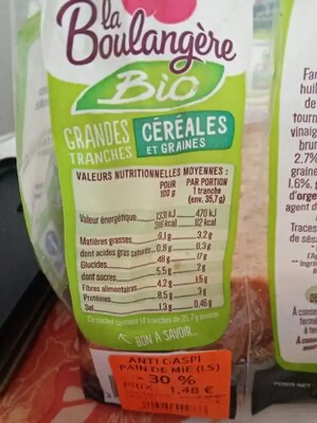 Pain de mie céréales et graines nutrition facts table