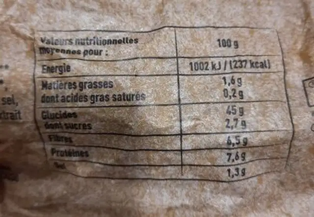 Pain complet bio nutrition facts table