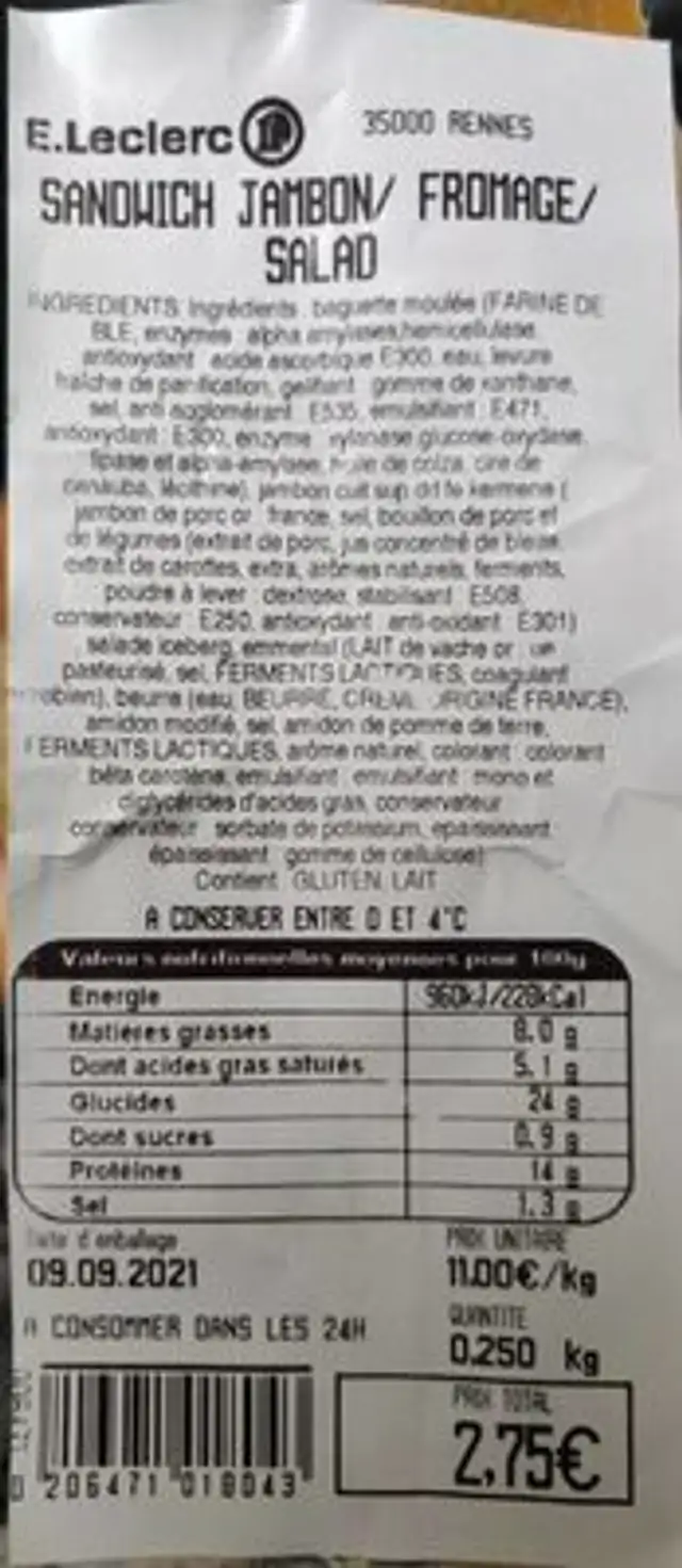 Sandwich Jambon/Fromage/Salade nutrition facts table