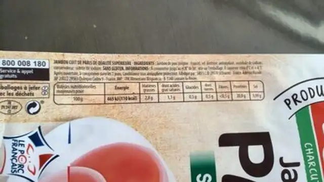 Jambon de paris nutrition facts table