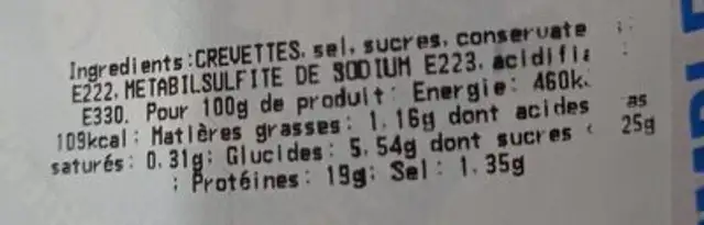 Crevette cuite nutrition facts table