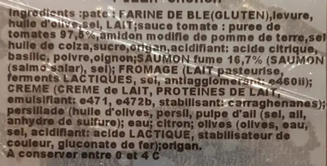 Pizza Saumon ingredients label