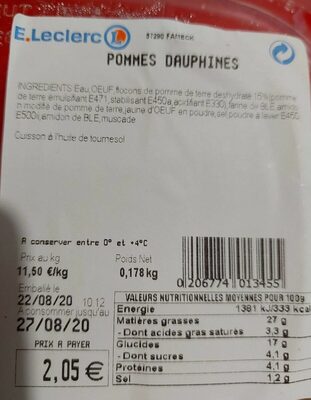 Pommes Dauphines nutrition facts table