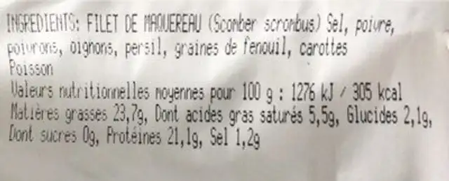 Filet Maquereaux Provencal nutrition facts table