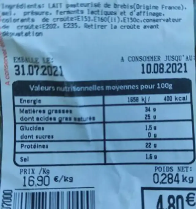 Badketiu nutrition facts table