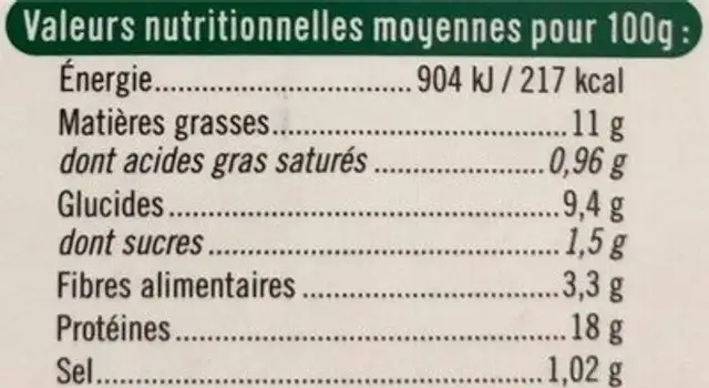 Galettes de blé et de poids nutrition facts table