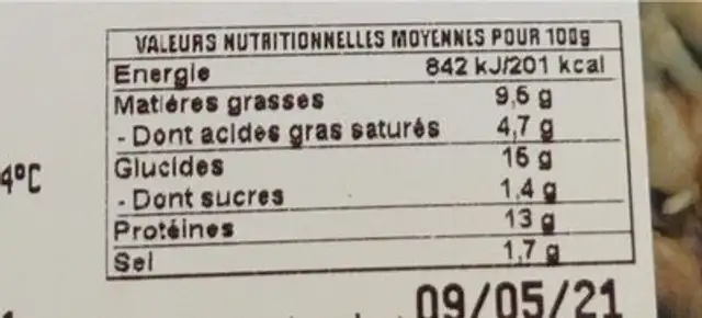 Pizza du chef nutrition facts table