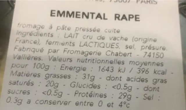 Emmentale rapé nutrition facts table