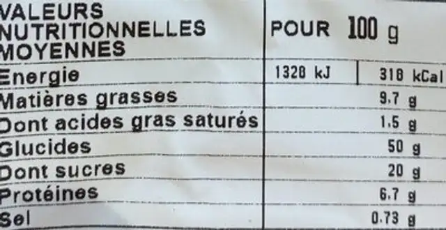 Beignet framboise 4x75g nutrition facts table