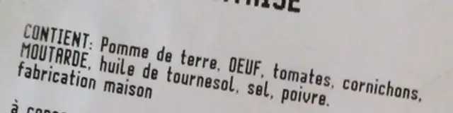 Salade Piémontaise ingredients label