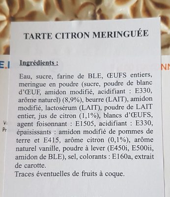 Tarte au citron meringuée ingredients label
