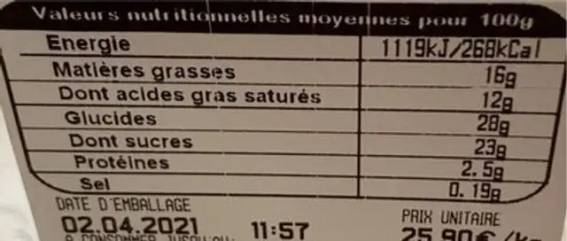 Gateau nougat nutrition facts table