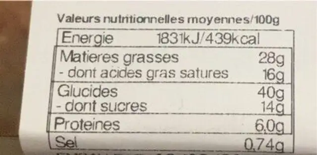 Chausson nutella nutrition facts table