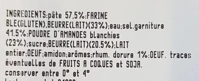 Galette frangipane 450 g ingredients label