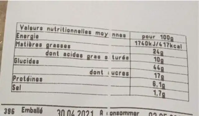 Pave savoureux nutrition facts table