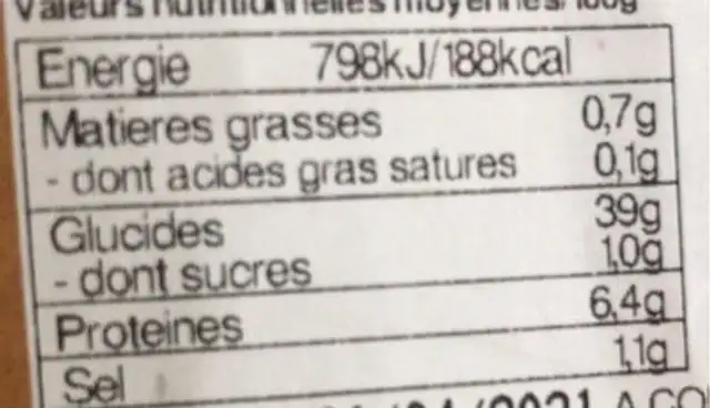 Baguette petit marché bio nutrition facts table