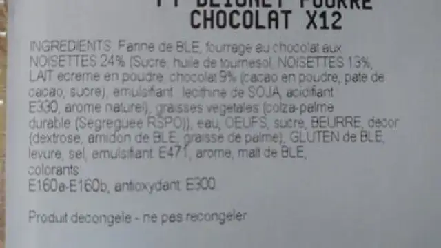 Beignets fourrés chocolat ingredients label