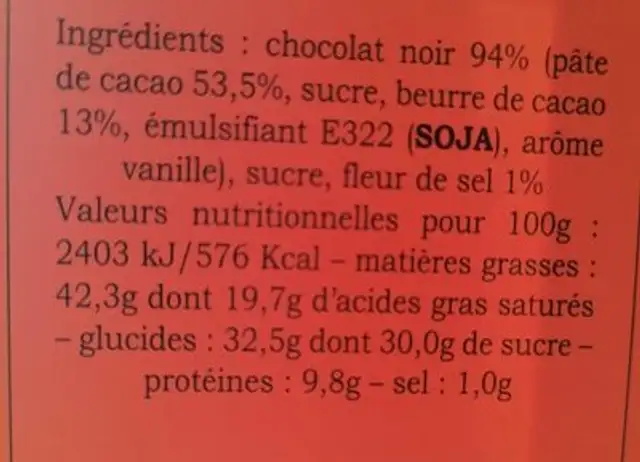 Chocolat noir fleur de sel nutrition facts table