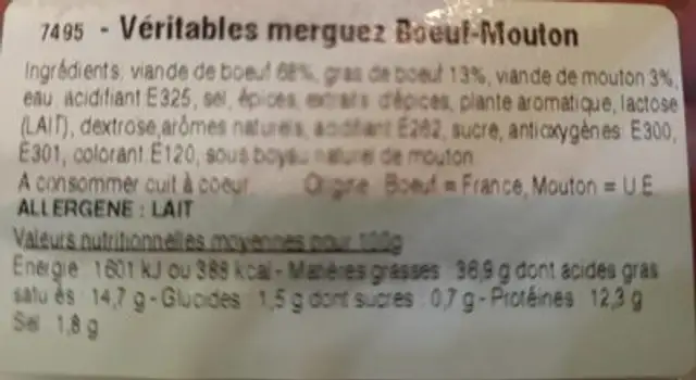 Merguez nutrition facts table
