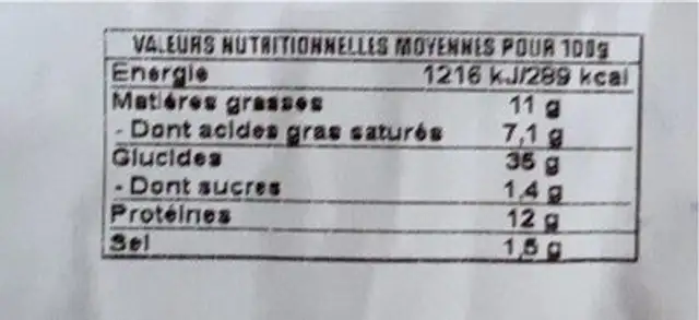 Fougasse 3 fromages nutrition facts table