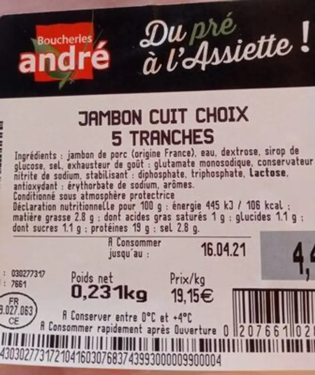 Jambon cuit choix nutrition facts table