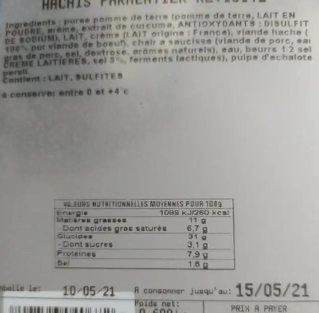 Hachis parmentier revisité nutrition facts table