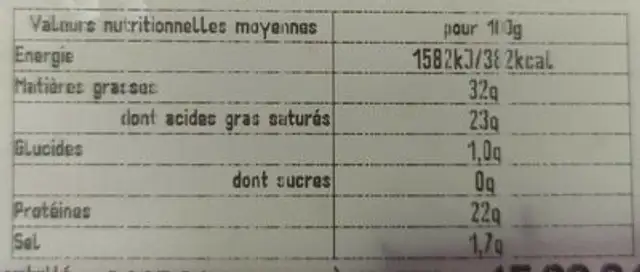 Fromage itchebai mixte brebis nutrition facts table