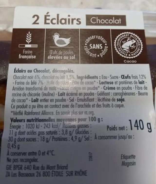 Éclaires chocolat nutrition facts table