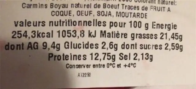 Saucisson de cheval nutrition facts table