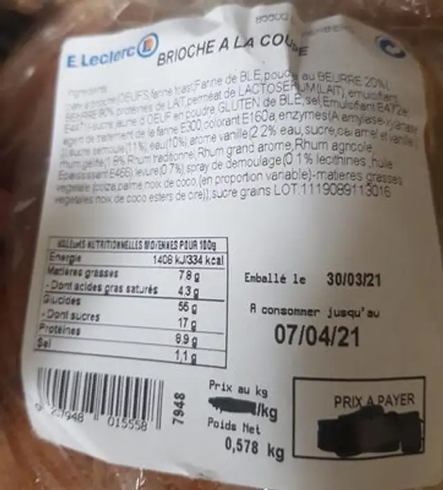 Brioche à la coupe nutrition facts table