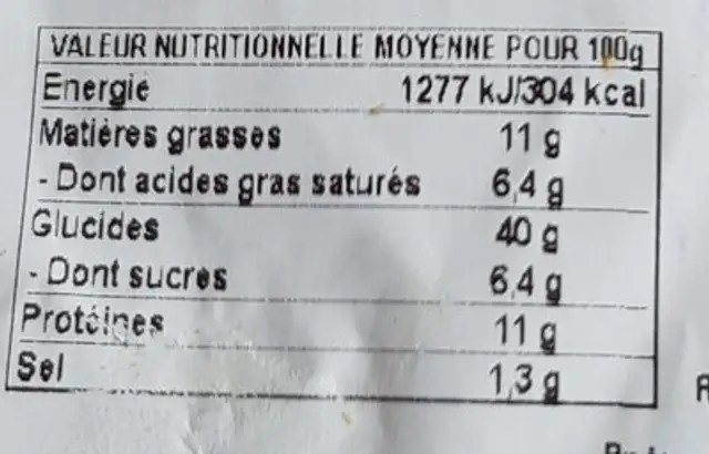 BRIOCHE BEURRE nutrition facts table