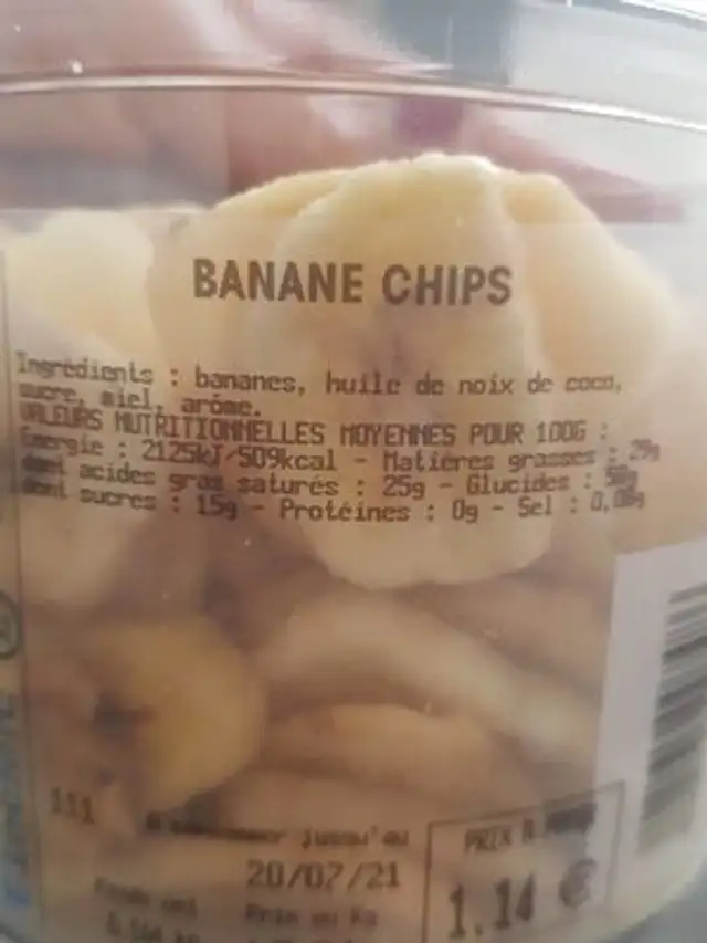 Chips de banane nutrition facts table