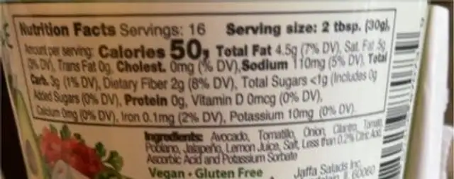 Guacamole nutrition facts table