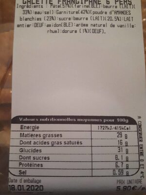 Galette frangipane 6 pers nutrition facts table
