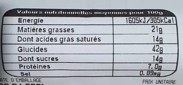 Pain choco AOP nutrition facts table
