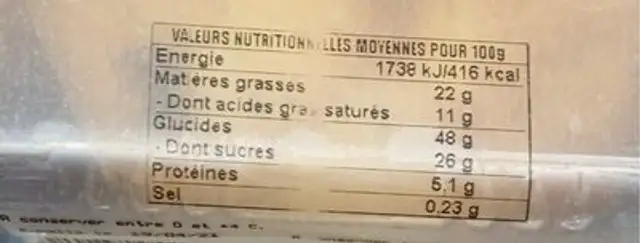 Crumble poire chocolat nutrition facts table