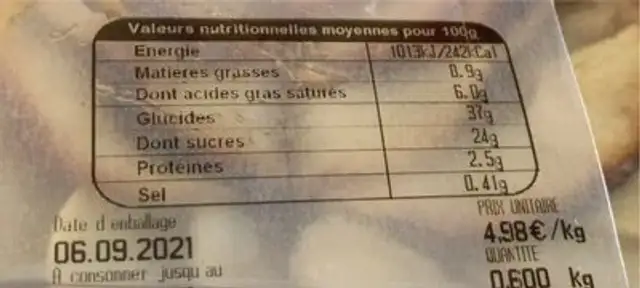 Tarte aux pommes aromatisee nutrition facts table