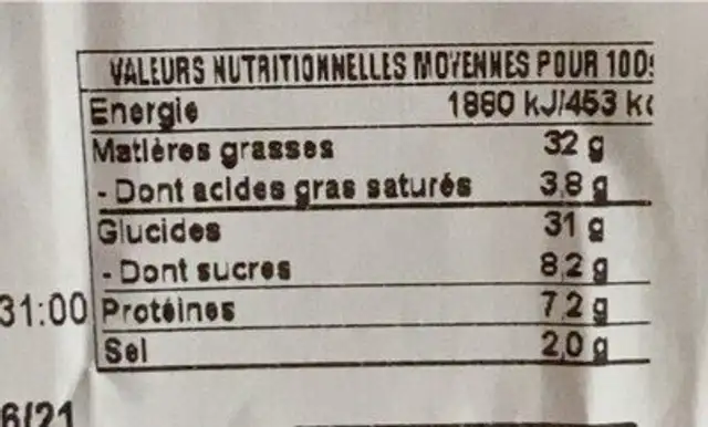 Madeleine salee pesto x20 nutrition facts table