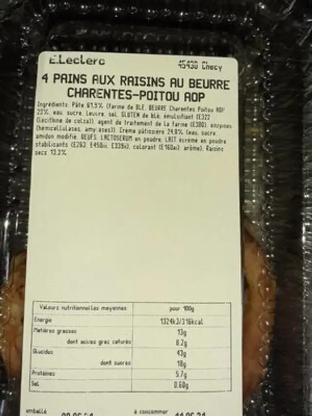 Pain aux raisins nutrition facts table