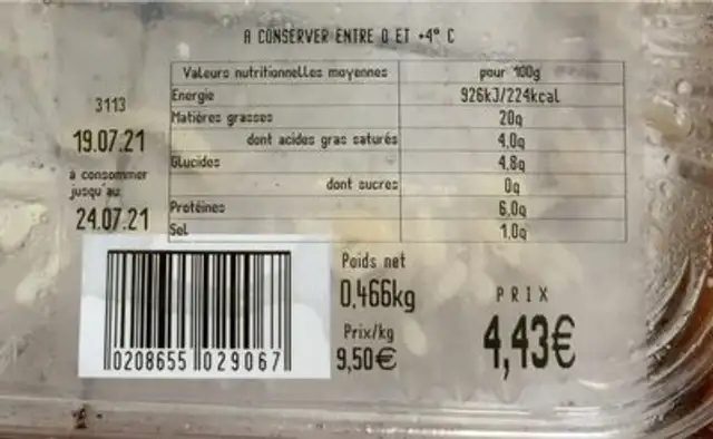 Salade riz paysan nutrition facts table