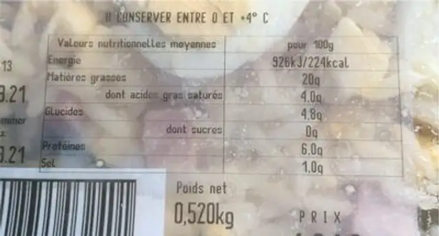 Salade riz paysan nutrition facts table